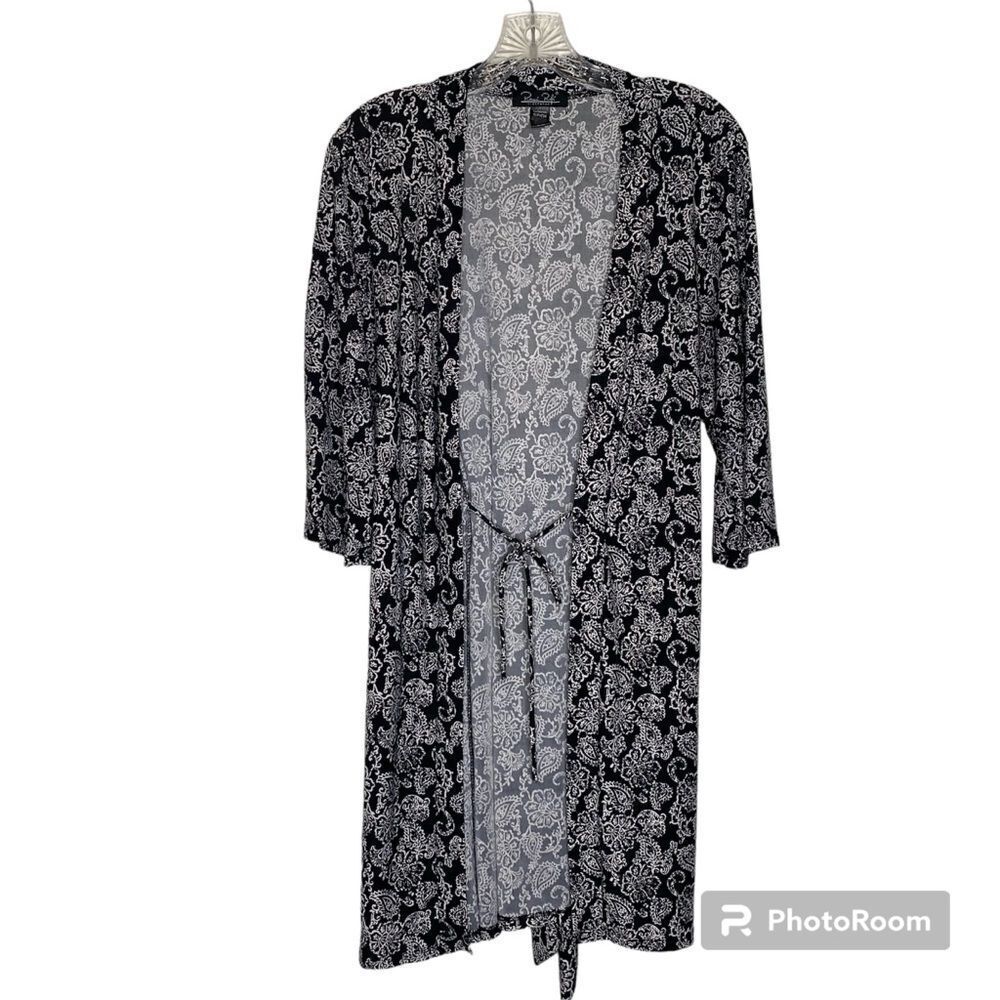 Rene Rofe Sleepwear Black White Floral Tie Belt Lightweight Robe Small